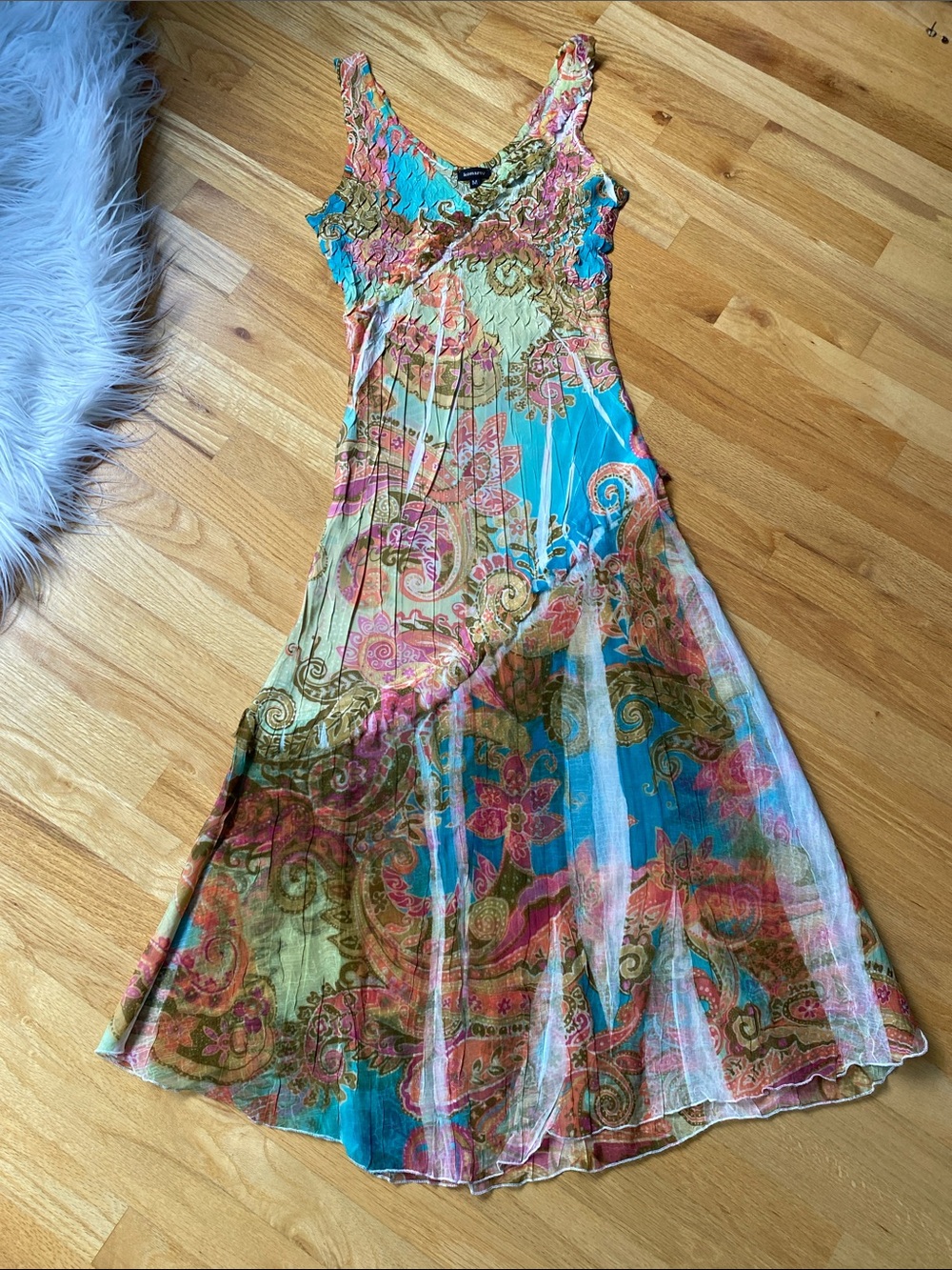 Komarov Turquoise Pink Gold Floral Paisley Midi Dress